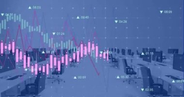 Boş ofise karşı şebeke üzerinden veri işleme animasyonu. Bilgisayar arayüzü ve iş teknolojisi kavramı