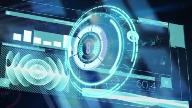 Yuvarlak tarayıcı üzerinden geri sayımın animasyonu ve ışık noktalarıyla veri işleme arayüzü. Bilgisayar arayüzü ve iş teknolojisi kavramı