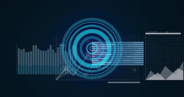 Mavi yuvarlak tarayıcının animasyonu ve mavi arka planda istatistiksel veri işleme. Bilgisayar arayüzü ve iş veri teknolojisi kavramı