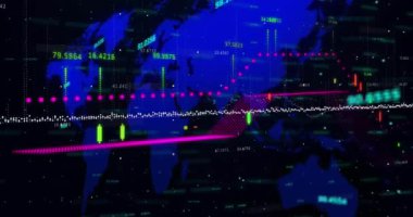 Finansal veri işleme animasyonunun dünya haritasında siyah arkaplanla karşılaştırılması. Küresel finans ve iş teknolojisi kavramı