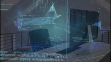 Plexus ağlarının animasyonu ofis masasına karşı bir küre ve veri işleme sistemi oluşturuyor. Küresel ağ ve iş teknolojisi kavramı