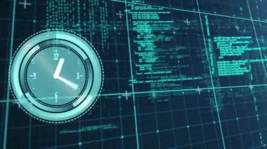 Bilgisayar diline karşı soyut arkaplan üzerindeki dijital saatin animasyonu. Dijital olarak üretilmiş, hologram, illüstrasyon, zaman, kodlama ve teknoloji konsepti.
