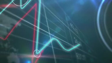 Mavi arkaplandaki ışık noktalarına karşı çalışan saatin ve veri işlemesinin animasyonu. Bilgisayar arayüzü ve iş teknolojisi kavramı