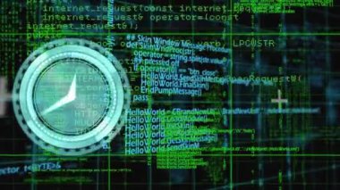 Siyah arkaplanda bilgisayar diline karşı dijital saatin şebeke üzerindeki animasyonu. Dijital olarak üretilmiş, hologram, illüstrasyon, zaman, üç boyutlu, kodlama, soyut ve teknoloji.