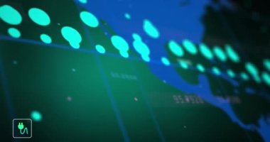 Dünya haritasında ekolojik simgelerin ve veri işlemenin animasyonu. Küresel çevre, iş, finans, hesaplama ve veri işleme kavramı dijital olarak oluşturulmuş video.