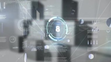 Neon yuvarlak tarayıcı üzerinde geri sayım ve veri işlemeye karşı bağlantı ağının animasyonu. Bilgisayar arayüzü ve iş veri teknolojisi kavramı