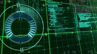 Soyut arkaplanda bilgisayar diline karşı ızgara şablonu üzerinden daireler yüklemenin animasyonu. Dijital olarak üretilmiş, hologram, illüstrasyon, ilerleme, kodlama ve teknoloji kavramı.