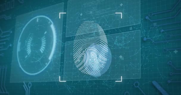 データ処理とのインターフェイスに対する生体指紋スキャナのアニメーション サイバーセキュリティとビジネステクノロジーの概念 — ストック動画