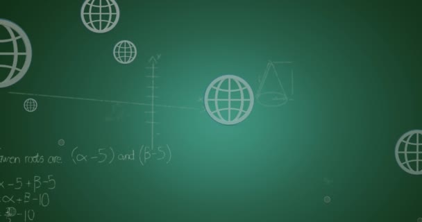 Анимация Земных Шаров Над Уравнениями Гравитация Зеленом Фоне Цифровая Генерируемая — стоковое видео