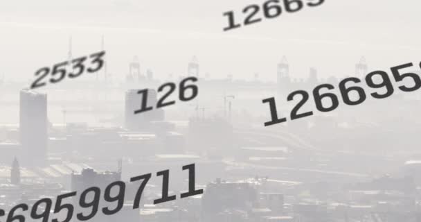 Animation Mehrfach Wechselnder Zahlen Gegen Luftaufnahme Des Stadtbildes Computerschnittstelle Und — Stockvideo
