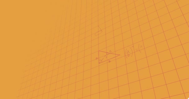 在橙色背景下网格网络上数学方程的动画化 学校和教育技术概念 — 图库视频影像