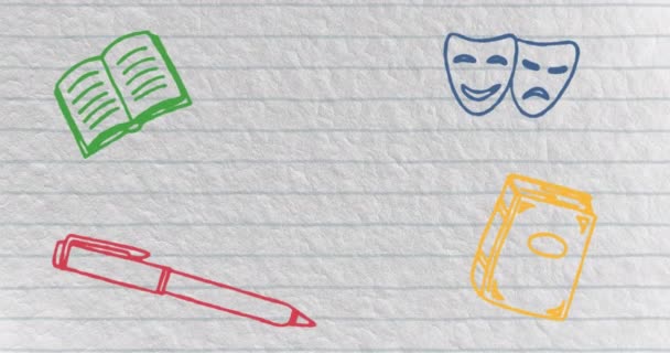 Анімація Декількох Шкільних Концептуальних Іконок Тлі Розсипаного Білого Підкладкового Паперу — стокове відео