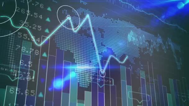 青を背景に世界地図上の統計的および株式市場データ処理のアニメーション 世界経済とビジネスデータテクノロジーの概念 — ストック動画