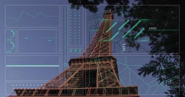 Animation Interface Data Processing Low Angle View Eiffel Tower Computer — Stock Video