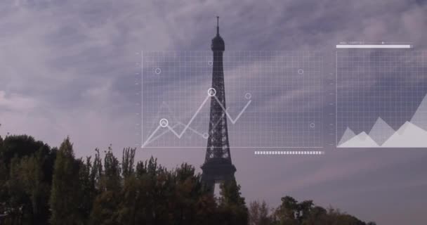 Animering Statistisk Databehandling Mot Bakgrund Eiffeltornet Datorgränssnitt Och Datateknik För — Stockvideo