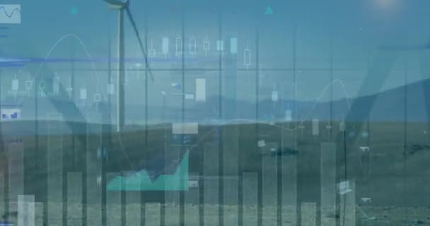 Animating Statistical Data Processing Spinning Windmill Grassland Blue Sky Renewable — Stock Video