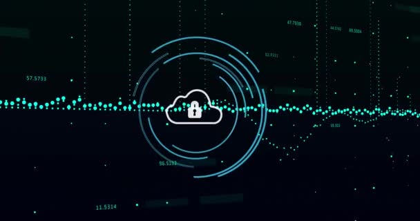 Animação Cadeado Segurança Ícone Nuvem Processamento Dados Contra Fundo Preto — Vídeo de Stock