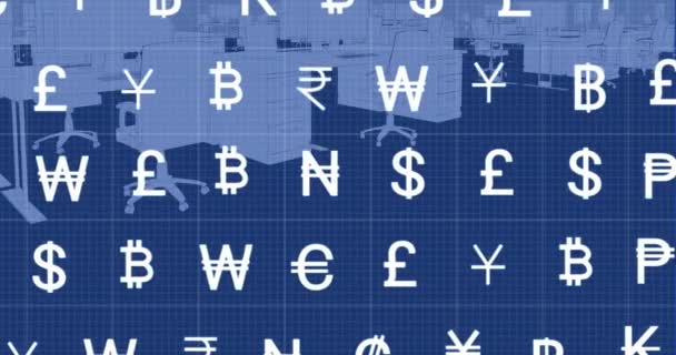 Animation Multiple Currency Symbols Grid Network Empty Office Global Economy — Stock Video