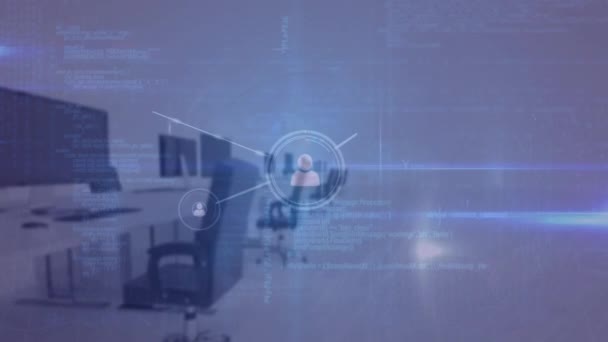 プロフィールアイコン データ処理 空のオフィスに対する青の光スポットのネットワークのアニメーション グローバルネットワークとビジネステクノロジーのコンセプト — ストック動画