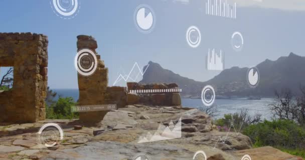 针对堡垒和海景的数据处理动画 计算机接口和商业技术概念 — 图库视频影像