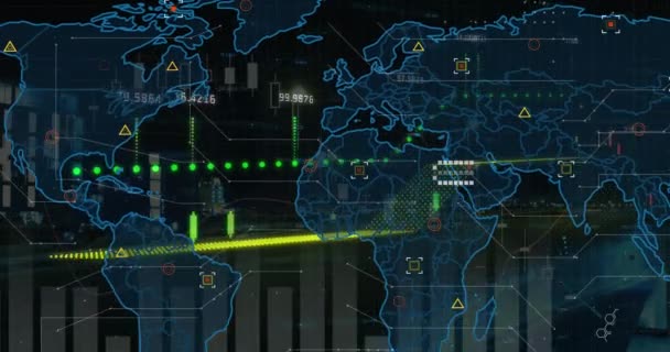 Animación Del Mapa Mundial Procesamiento Datos Financieros Contra Lapso Tiempo — Vídeo de stock