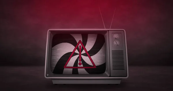 Wizerunek Spirali Czarno Białych Linii Nad Znakiem Ostrzegawczym Telewizji Koncepcja — Zdjęcie stockowe