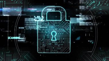 Asma kilit animasyonu, ikili kodlama ve veri işleme. Küresel bulut hesaplama, dijital arayüz ve veri işleme kavramı dijital olarak oluşturulmuş video.