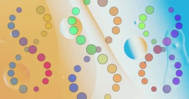 Renkli arka planda köpüklerin üzerindeki DNA iplikçiklerinin canlandırılması. Bilim, tıp ve dijital arayüz kavramı dijital olarak oluşturulmuş video.