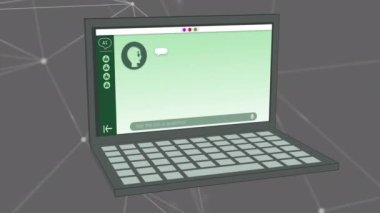 Dizüstü bilgisayar ekranında yapay zeka metni ve veri işleme animasyonu. Dijital olarak oluşturulmuş küresel yapay zeka, bilgisayar ve veri işleme kavramı.