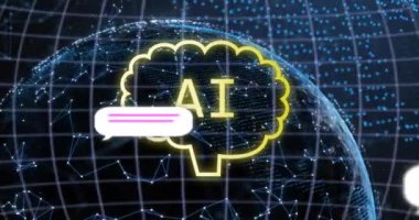 Tüm dünyada yapay zeka metninin ve veri işlemenin animasyonu. Dijital olarak oluşturulmuş küresel yapay zeka, bilgisayar ve veri işleme kavramı.