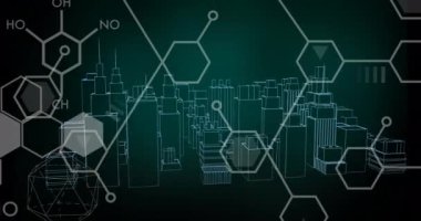 Dijital şehrin üzerindeki kimyasal formülün siyah zemin üzerindeki animasyonu. Bilim, tıp, bilgisayar ve dijital arayüz konsepti dijital olarak oluşturulmuş video.