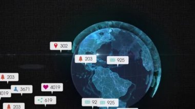 Dünya üzerindeki medya simgelerinin ve ışık noktalarının animasyonu. Sosyal medya ve dijital arayüz kavramı, dijital olarak oluşturulmuş video.