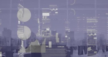 Şehir dışında veri işleme ve borsa animasyonları. Küresel iş ve dijital arayüz, dijital olarak oluşturulan video.