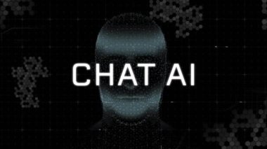 Yapay zeka metninin ve insan kafası üzerinde işlenen veri işleminin animasyonu. Dijital olarak oluşturulmuş küresel yapay zeka, bilgisayar ve veri işleme kavramı.