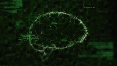 İnsan beyni üzerinde veri işleme animasyonu. Küresel bulut hesaplama, dijital arayüz ve veri işleme kavramı dijital olarak oluşturulmuş video.