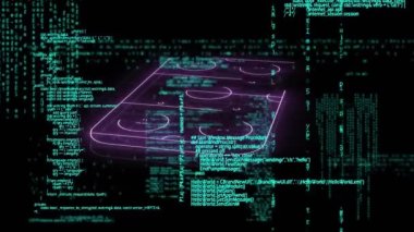 Siyah arka plana karşı bilgisayar dili üzerine mor ışıklı spor salonunun animasyonu. Dijital olarak oluşturulmuş, hologram, illüstrasyon, rekabet, kodlama, spor, veritabanı, teknoloji konsepti.