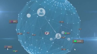 Medya simgelerinin ve dünya üzerindeki ışık yollarının animasyonu. Sosyal medya ve dijital arayüz kavramı, dijital olarak oluşturulmuş video.