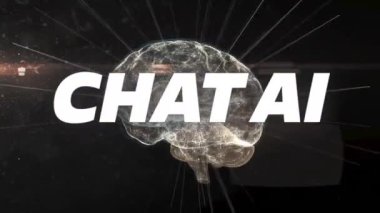 Yapay zeka sohbet metninin ve insan beyni üzerinden işlenen verinin animasyonu. Dijital olarak oluşturulmuş küresel yapay zeka, bilgisayar ve veri işleme kavramı.