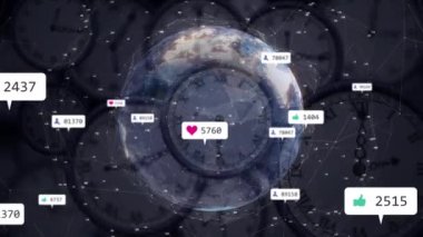 Dünya üzerinde hareket eden medya simgelerinin ve saatlerin animasyonu. Sosyal medya ve dijital arayüz kavramı, dijital olarak oluşturulmuş video.