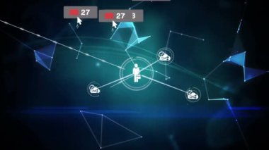 Medya simgelerinin ve dünya üzerindeki bağlantı ağının animasyonu. Sosyal medya ve dijital arayüz kavramı, dijital olarak oluşturulmuş video.