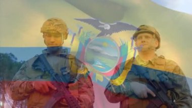 Kolombiya bayrağının beyaz erkek askerlerin üzerinde yürüdüğü bir animasyon. Küresel vatanseverlik, askeri ve dijital arayüz kavramı, dijital olarak üretilen video.