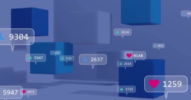 Sosyal medya veri işlemlerinin soyut şablona göre canlandırılması. Dijital olarak oluşturulmuş küresel sosyal medya, bağlantılar, hesaplama ve veri işleme kavramı.