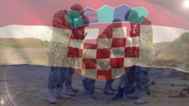 Çemberdeki çeşitli askerlerin üzerinde Hırvat bayrağının canlandırılması. Küresel vatanseverlik, askeri ve dijital arayüz kavramı, dijital olarak üretilen video.