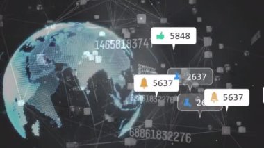 Dünya üzerinde medya simgeleri ve veri işleme animasyonları. Sosyal medya ve dijital arayüz kavramı, dijital olarak oluşturulmuş video.