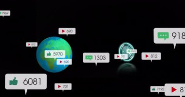 Medya simgelerinin ve dünyanın dört bir yanındaki saatlerin animasyonu. Sosyal medya ve dijital arayüz kavramı, dijital olarak oluşturulmuş video.