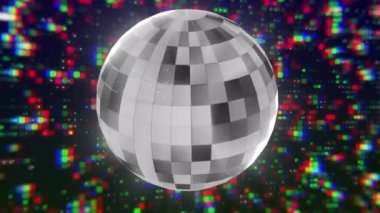Disko ayna küresi üzerinde veri işleme animasyonu. Küresel eğlence, bulut hesaplama, dijital arayüz ve veri işleme kavramı dijital olarak oluşturuldu.