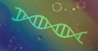Renkli arka planda DNA ipliği ve kimyasal formül üzerinde baloncukların canlandırılması. Bilim, tıp ve dijital arayüz kavramı dijital olarak oluşturulmuş video.
