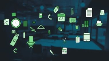 Boş ofis üzerinde hareket eden iş simgelerinin animasyonu. Küresel iş ve dijital arayüz, dijital olarak oluşturulan video.