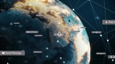 Medya simgelerinin ve dünya üzerindeki bağlantı ağının animasyonu. Sosyal medya ve dijital arayüz kavramı, dijital olarak oluşturulmuş video.