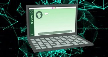 Ekran ve bağlantıların üzerinde yapay zeka veri işleme animasyonu. Dijital olarak oluşturulmuş küresel yapay zeka, bilgisayar ve veri işleme kavramı.